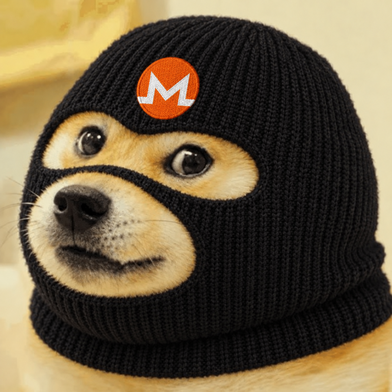 FRAUDDOG — a shiba inu in a black balaclava with an orange Monero patch